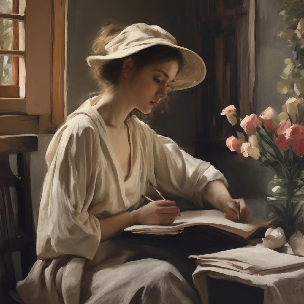 Απευθείας ματιά σε γυναικεία μορφή γράφοντας σε βιβλίο σε εσωτερικό χώρο με λουλούδια και φυσικό φως, εμπνευσμένο από το έργο τέχνης.