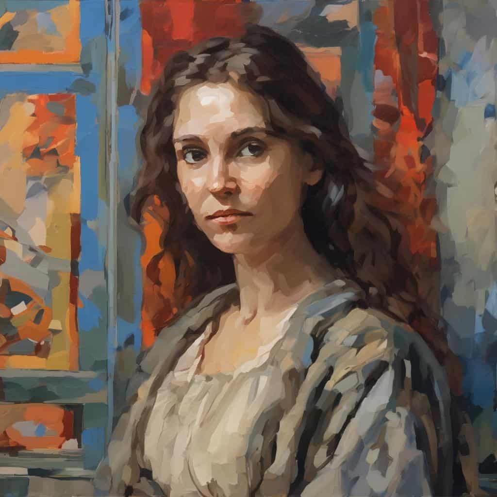 Ζωγραφική πορτρέτο γυναίκας με σκιάσεις και ζωντανά χρώματα, δημιουργικό έργο τέχνης.