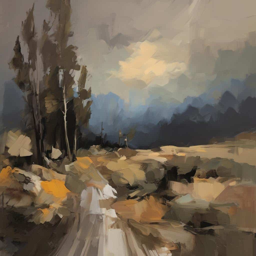 Μοντέρνο τοπίο με δέντρα και σύννεφα σε ζωγραφική αναπαράσταση.