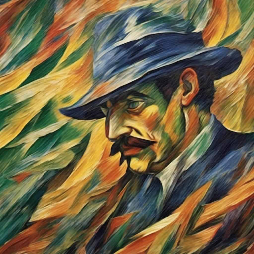 Μοντέρνο πορτρέτο άντρα με καπέλο και μούσι σε ζωγραφικό ύφος, εκφραστικό και προσωπικό καταφύγιο.